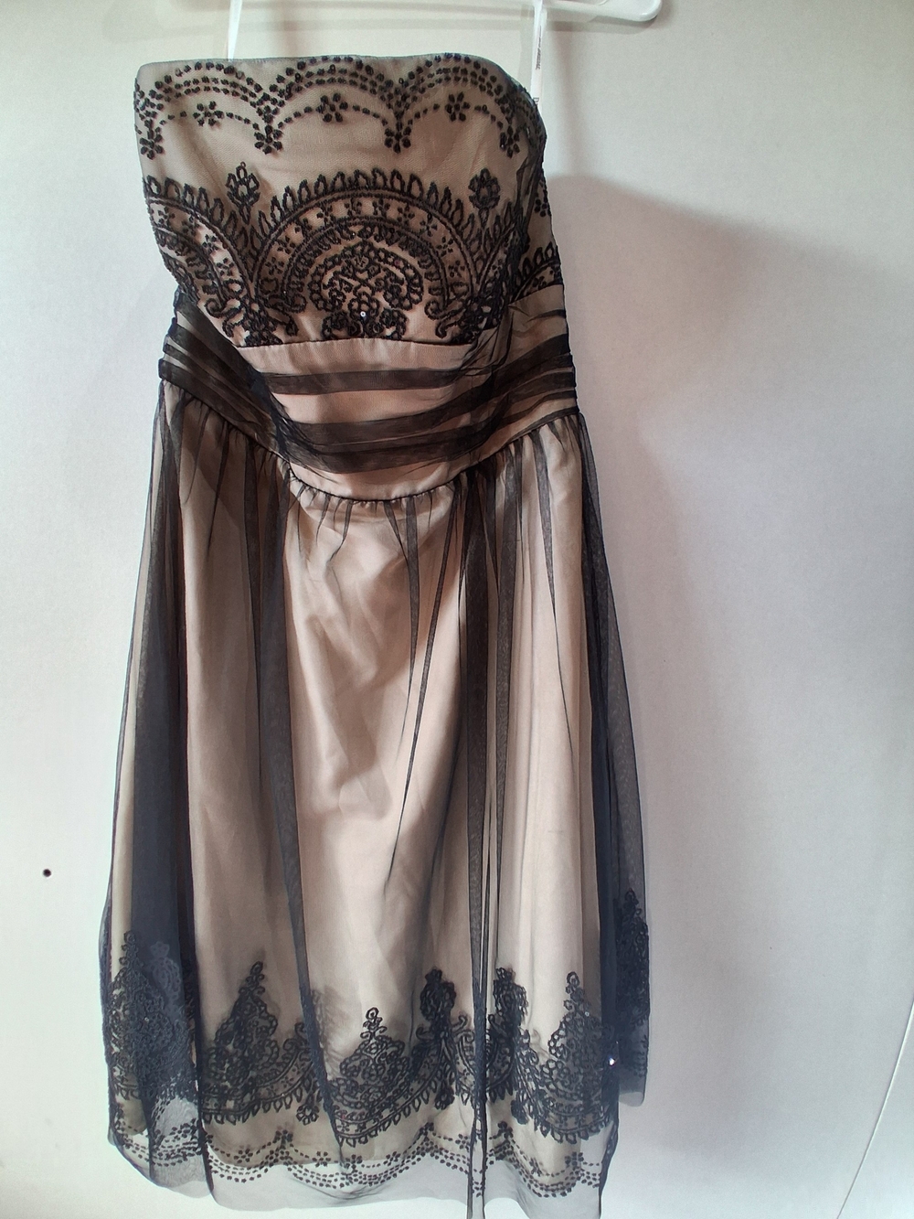 David's Bridal Strapless Black Embroidered Nude Overlay Dress